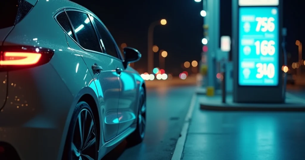 Tablero automático mostrando bajo costo anual del auto en estación de servicio nocturna