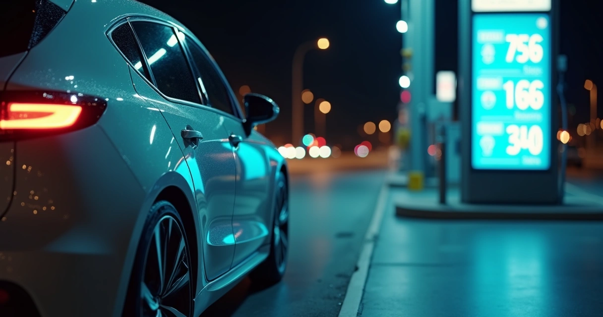 Tablero automático mostrando bajo costo anual del auto en estación de servicio nocturna