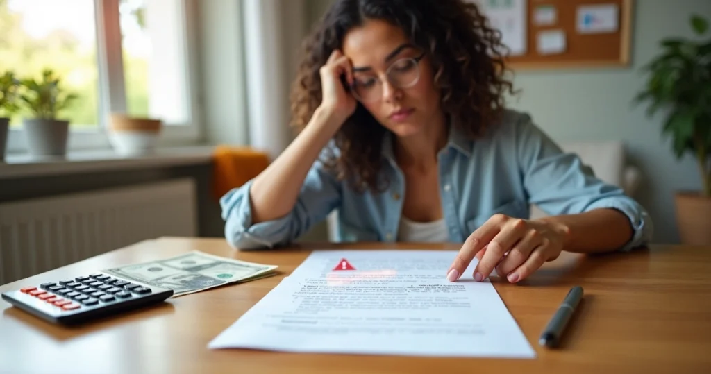 Mujer revisando advertencias en contrato de crédito con tarjeta sobre la mesa