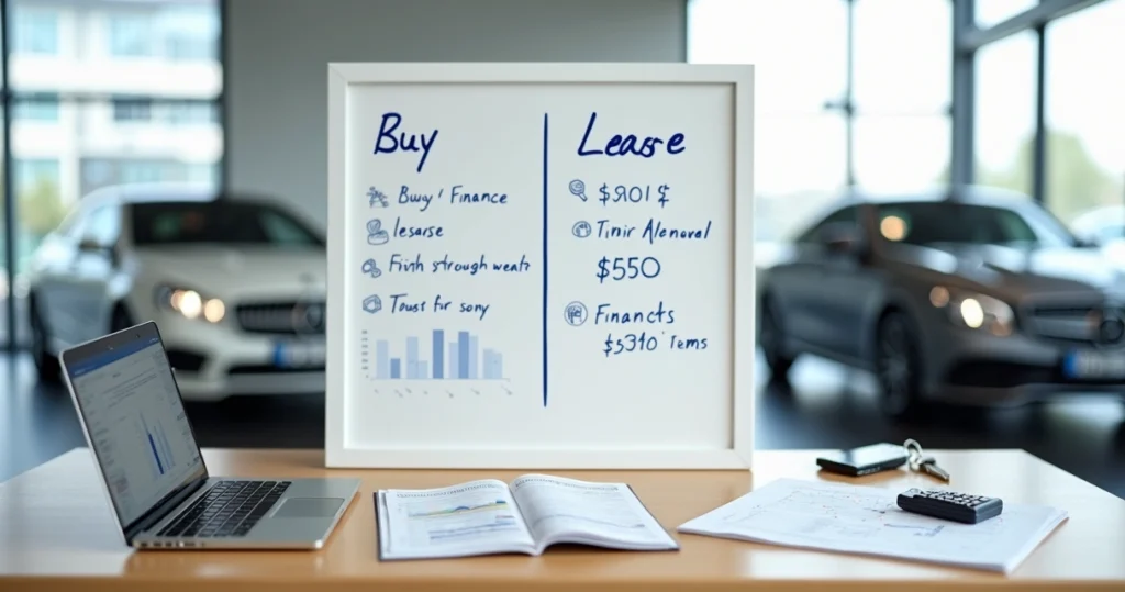 Tablero dividido comparando financiar o arrendar un auto con elementos gráficos financieros