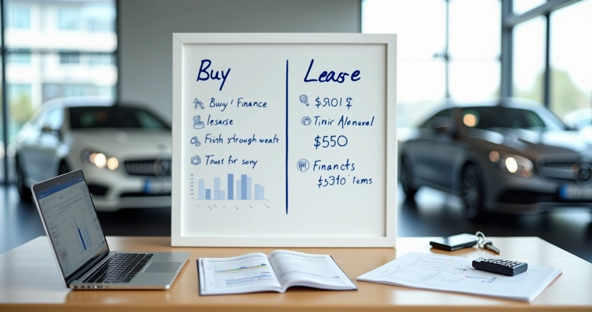 Tablero dividido comparando financiar o arrendar un auto con elementos gráficos financieros