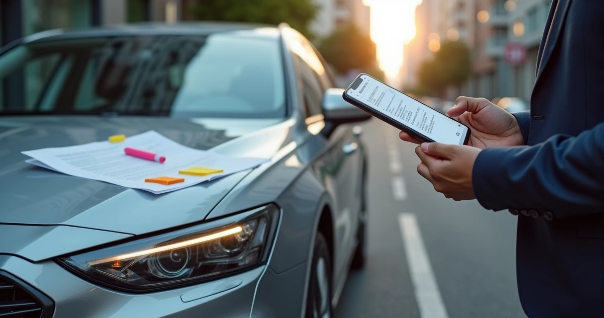 Conductor revisando póliza de seguro junto a su auto estacionado