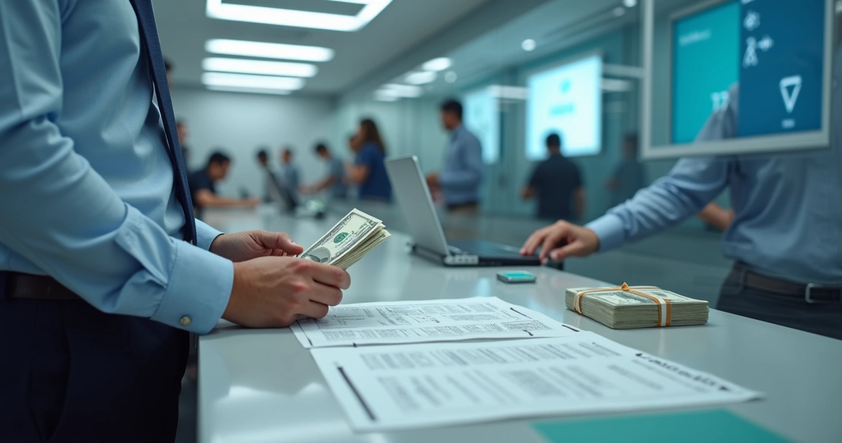 Persona entregando efectivo y formulario en ventanilla de banco moderna