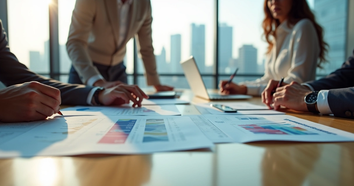 Equipo revisando gastos con tarjeta de crédito empresarial gigante en la mesa