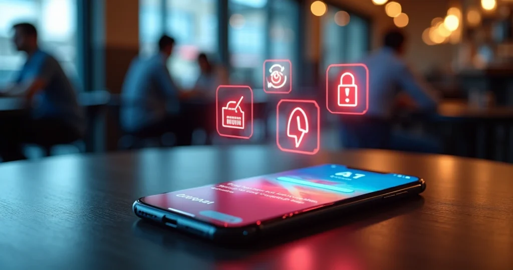 Pantalla de celular con app de pago rodeada de iconos de alerta y errores digitales