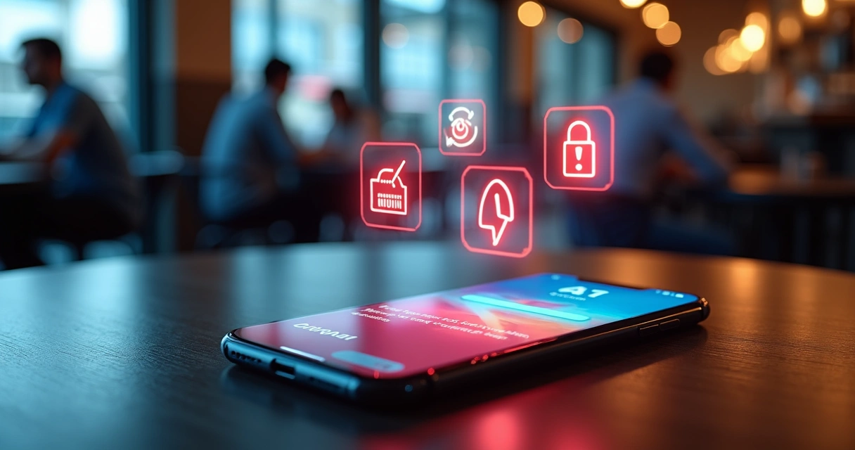 Pantalla de celular con app de pago rodeada de iconos de alerta y errores digitales