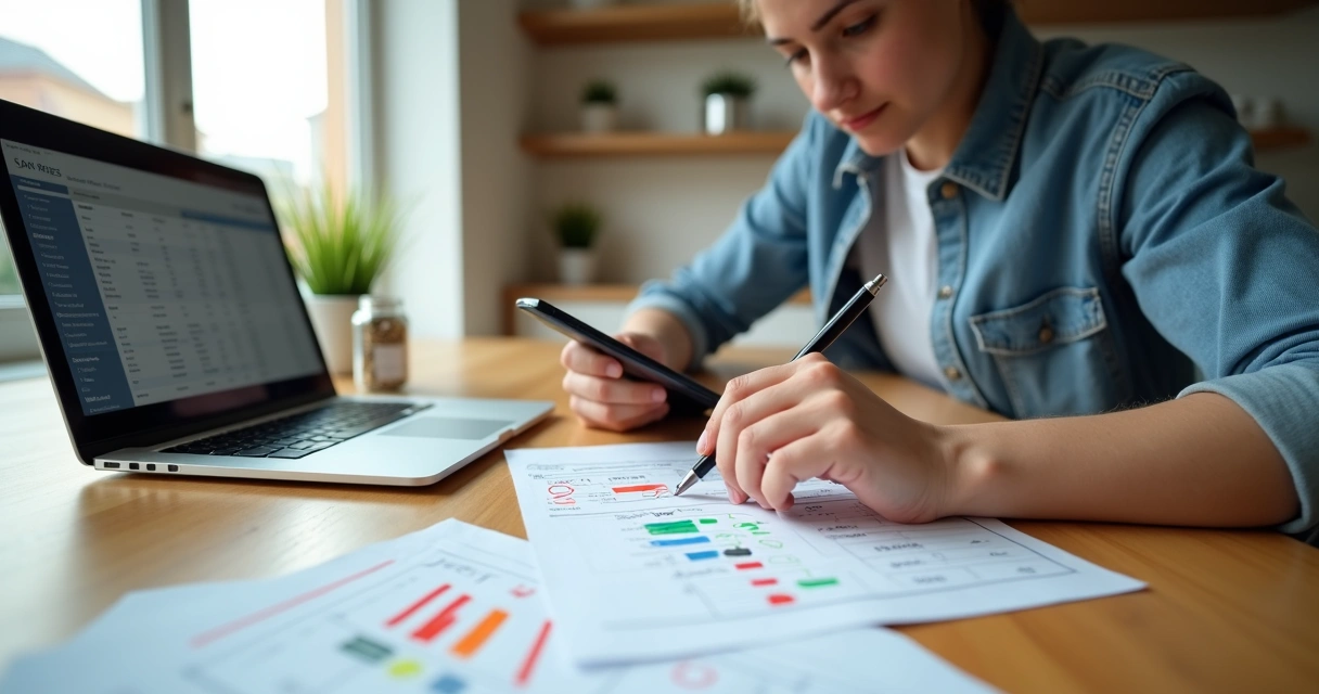 Joven revisa extracto bancario subrayando comisiones innecesarias