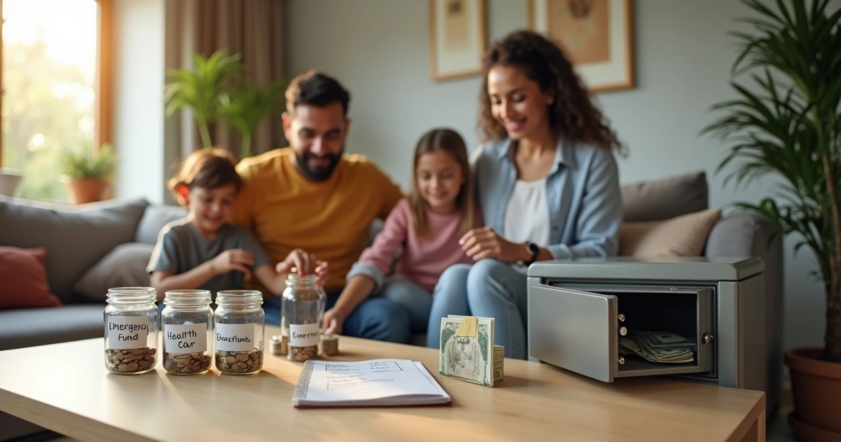 Familia organizando fondo de emergencia frente a una caja fuerte en casa