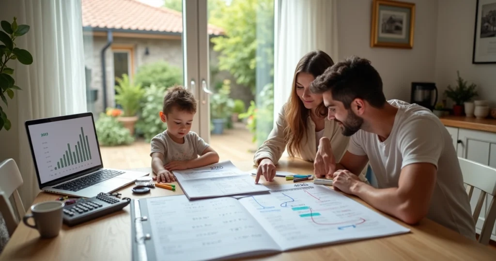 Familia revisando calendario y finanzas para terminar de pagar la hipoteca