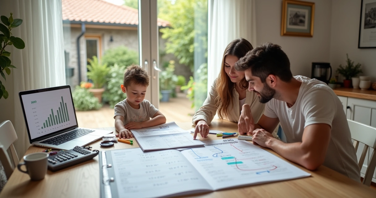 Familia revisando calendario y finanzas para terminar de pagar la hipoteca