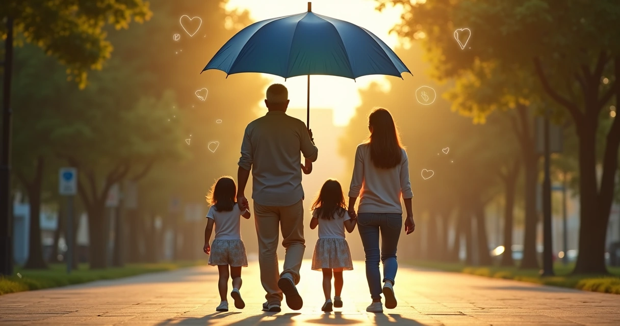 Familia caminando bajo paraguas gigante símbolo de protección financiera