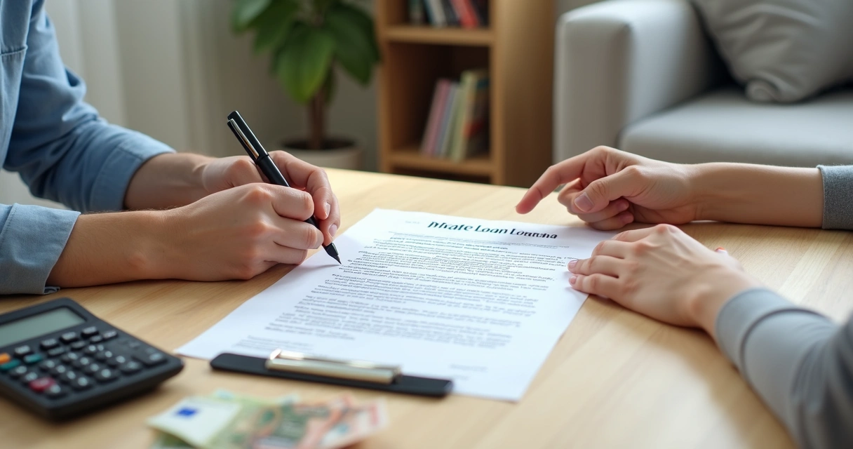 Dos personas acuerdan un préstamo privado y revisan un contrato antes de firmar