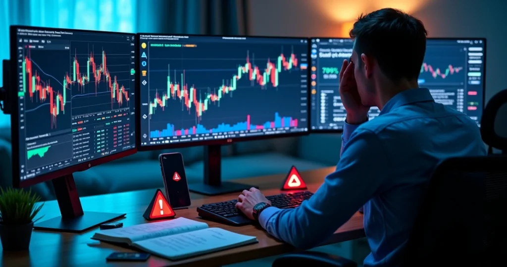 Inversor observando gráficos de criptomonedas volátiles rodeado de símbolos de alerta