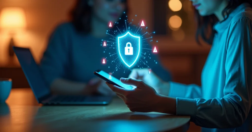 Persona usando app bancaria en el móvil protegida por escudo digital