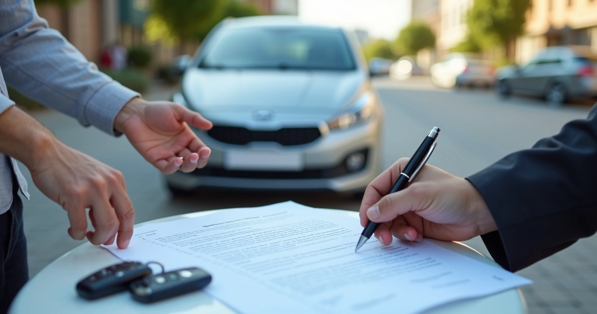 Comprador y vendedor firmando documentos de venta frente a un auto usado limpio